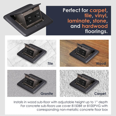 7400BK Pop Up Floor Box with 15 Amp TR Receptacle - Matte Black