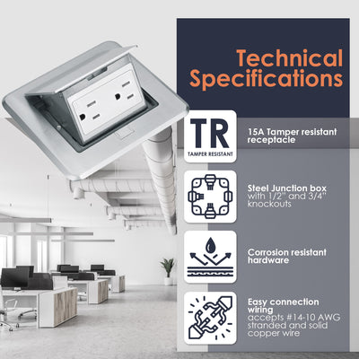 7400NI Pop Up Floor Box with 15 Amp TR Receptacle - Satin Nickel