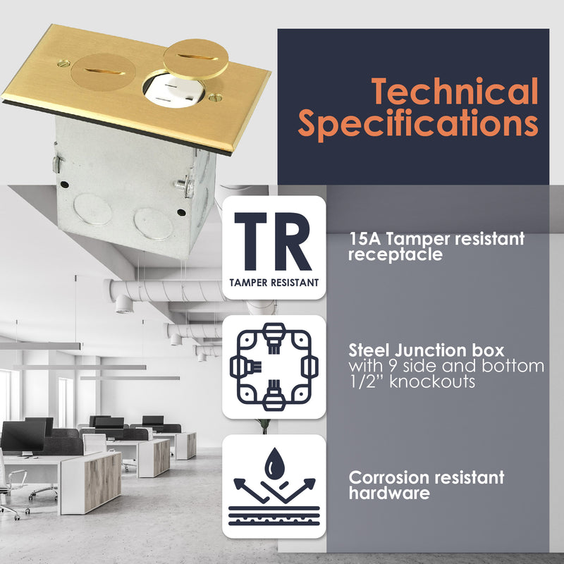 9800BR Floor Box Kit with 15 Amp TR Outlets, Brass