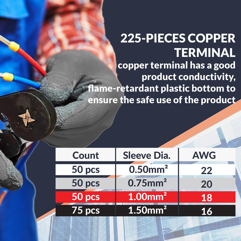 FCK225A Insulated Wire Ferrule Refill Kit 225 Pcs Sized AWG 22-16 For Use With Crimping Tool