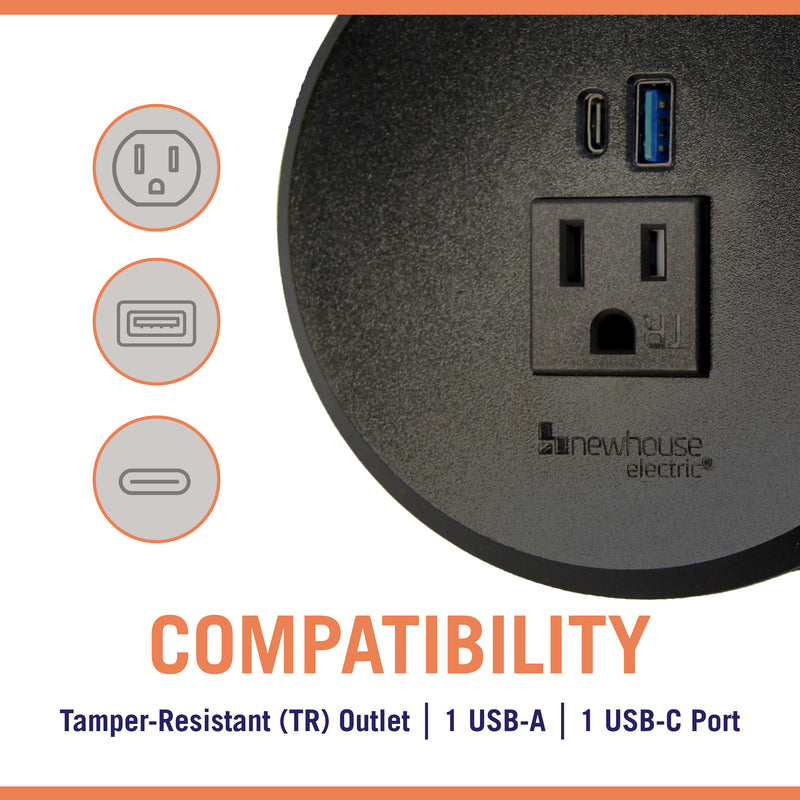 NHUDG-20-BK Universal Power Grommet with TR Outlet, USB Ports, and 6.5 ft. Cable